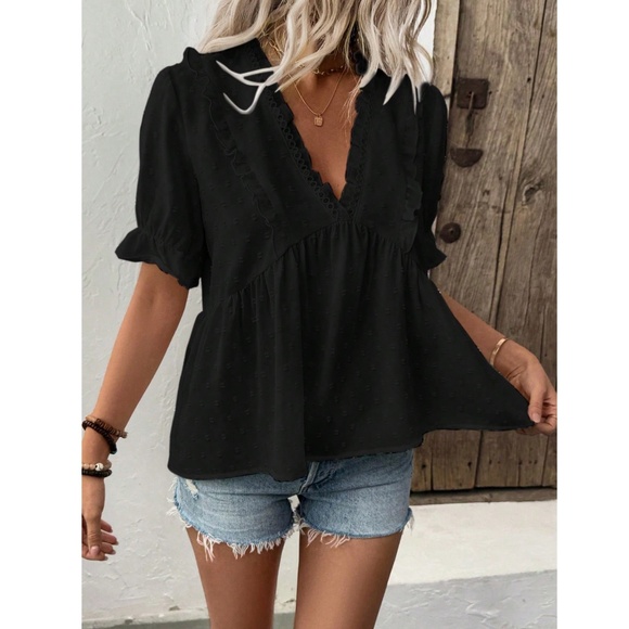 Black Swiss Dot Babydoll V-Neck Short Puff Sleeve Top Shirt Frill Ruffle Trim - Picture 3 of 8